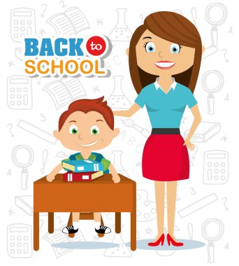 kadın öğretmen vektör çizim ile desk içindeki çocuk öğrenci öğrenmek