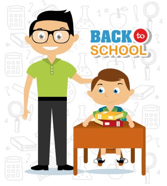 Gözlük vektör çizim masası ve adam öğretmenle çocuk öğrenci