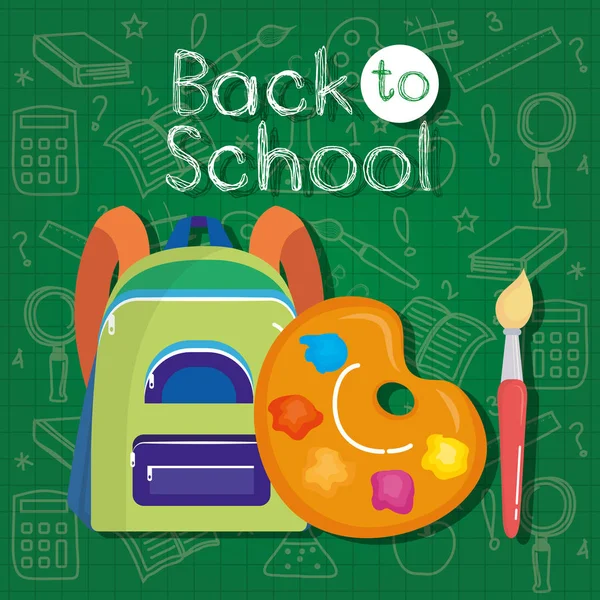 sırt çantası ve sanat palet okulda boya fırçası ile arka plan vektör çizim malzemeleri