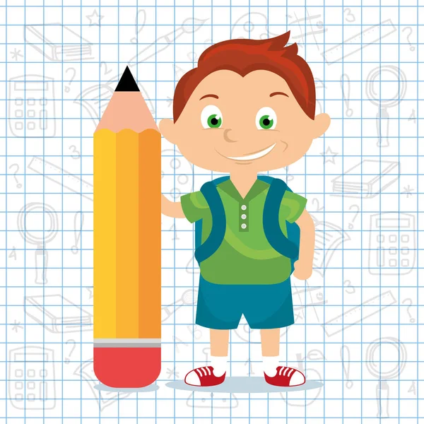 Μαθητής Ευτυχισμένο Αγόρι Σακίδιο Και Μολύβι Στην Εικόνα Διάνυσμα Χέρι — Διανυσματικό Αρχείο