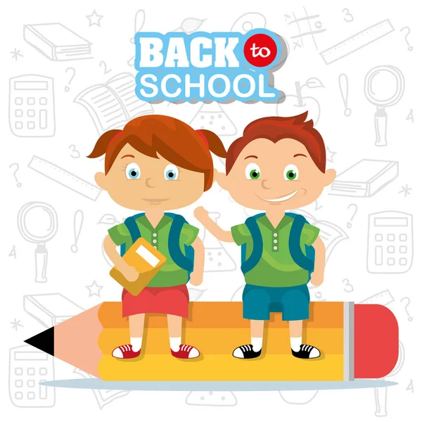 Erkek ve kız öğrenciler ile kalem vektör çizim içinde oturan sırt çantası