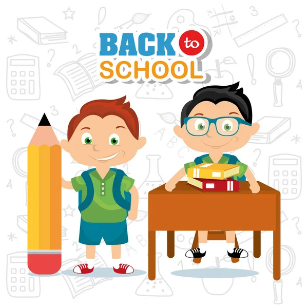 erkek öğrenciler, okul malzemeleri vektör çizim ile öğrenmek