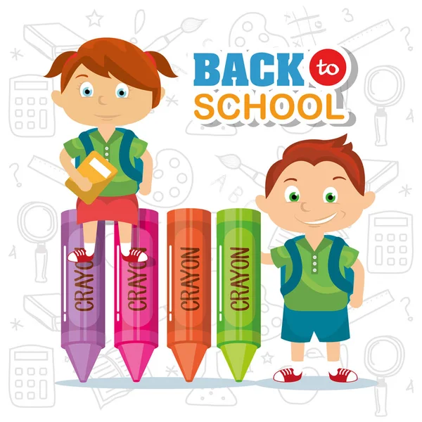 kız ve erkek öğrenciler sırt çantası boya kalemi ve kitap vektör çizim ile
