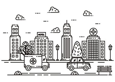 bina ve bulutlar ile şehir caddesinde hat araba ve ambulans