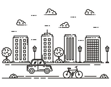 bina ve bulutlar ile şehir caddesinde çizgi araba