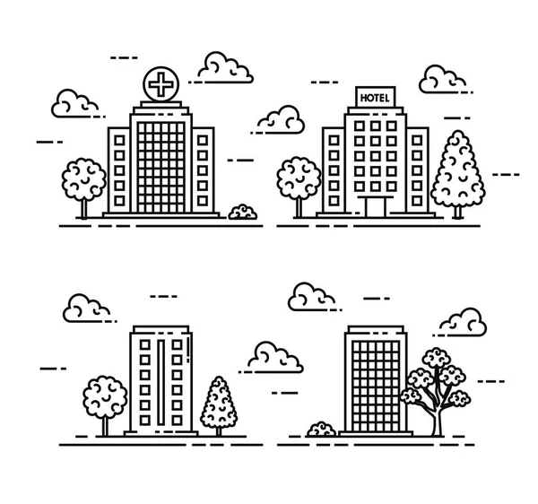 Σειρά οικοδομών πόλη με δέντρα και σύννεφα — Διανυσματικό Αρχείο