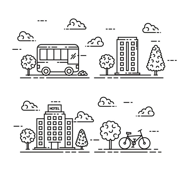 Σύνολο λεωφορείων και ποδηλάτων της πόλης με τη δομή του κτιρίου — Διανυσματικό Αρχείο