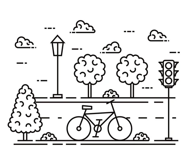 Line street with bicycle transport and traffic lights — Stock Vector