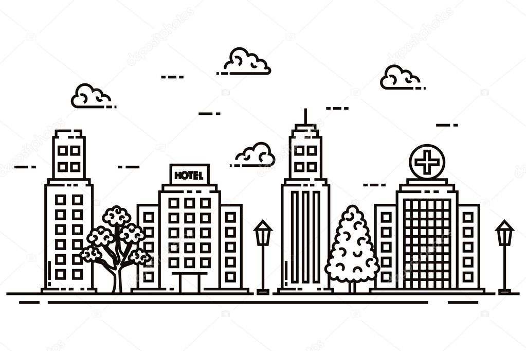 line building city with street lamps and clouds