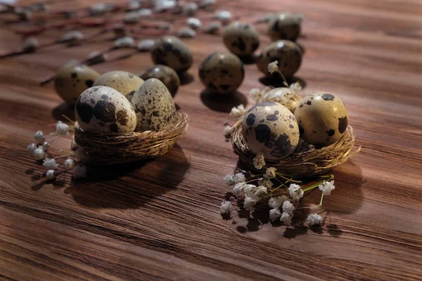 Перепелиные Яйца Гнезде Ивы Деревянной Поверхности — стоковое фото