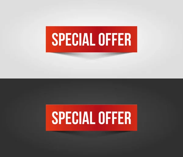 Red special offer banner with shadow on white and dark background. — Stock Vector