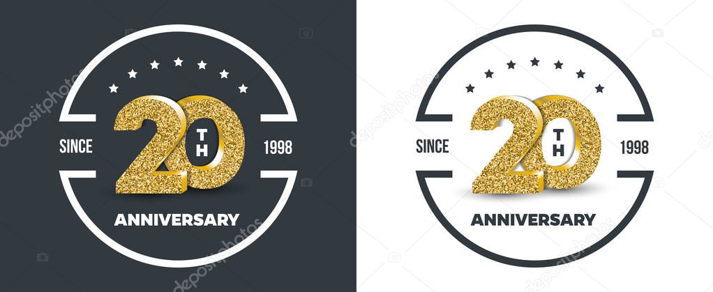 20th Anniversary logo on dark and white background. 20-year anniversary banners. Vector illustration.