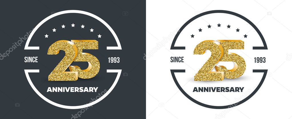 25th Anniversary logo on dark and white background. 25-year anniversary banners. Vector illustration.