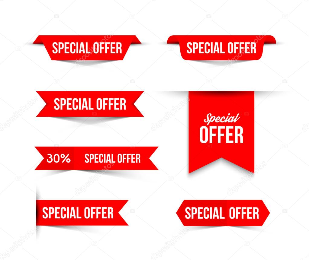 Red special offer banners with shadows on white background.