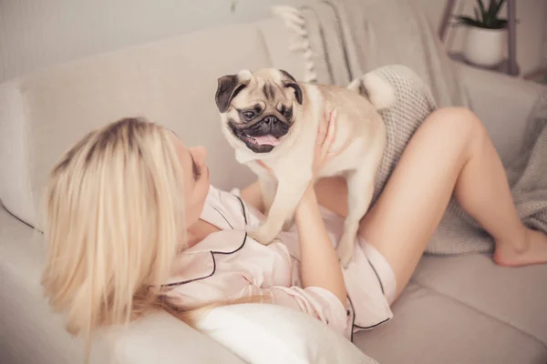 Lovely Girl Hugging Her Pug Playing Him House — Stock Photo, Image