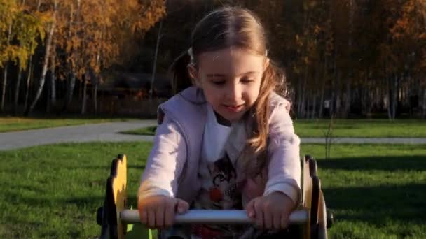 Lief meisje swing en spelen op de speelplaats in het park — Stockvideo