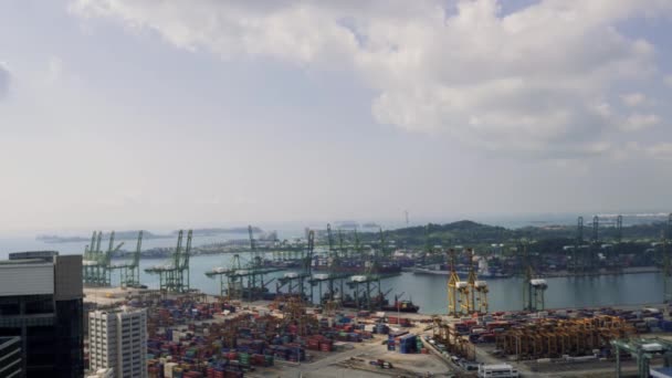 Πτηνών μάτι πανοραμική άποψη του πιο πολυσύχναστο λιμάνι της Ασίας φορτίου. Εμπορικό λιμάνι της Σιγκαπούρης σε πραγματικό χρόνο. Πτηνών μάτι θέα — Αρχείο Βίντεο