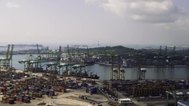 Vista panorâmica do olho de pássaro do porto de carga asiático mais movimentado. Porto comercial de Singapura em tempo real. Visão de olho de pássaro — Vídeo de Stock