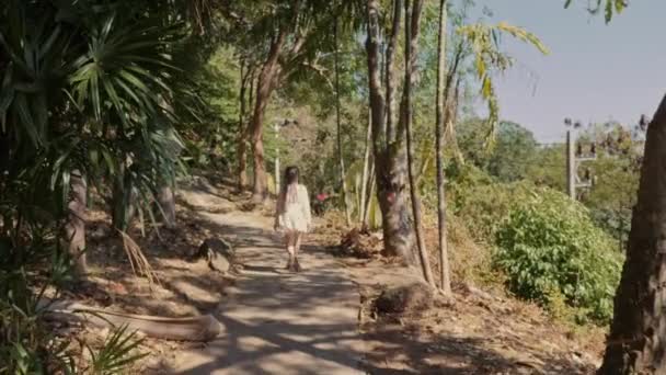 Pequena menina doce percorrer o caminho do campo na área tropical — Vídeo de Stock