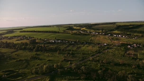 Luchtfoto 's avonds Sunshine uitzicht op veld en bomen — Stockvideo