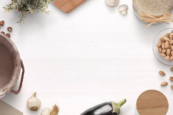 Tavolo Cucina Legno Bianco Con Ingredienti Articoli Kithen Copia Spazio — Foto Stock