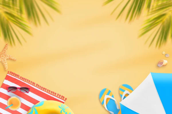 Composición Playa Verano Con Espacio Para Copiar Centro Parasol Palmeras — Foto de Stock