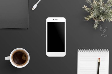 Akıllı telefon, fincan kahve, bitki, klasör, yastık ve kalem ile düz yatıyordu ofis resepsiyon sahne.