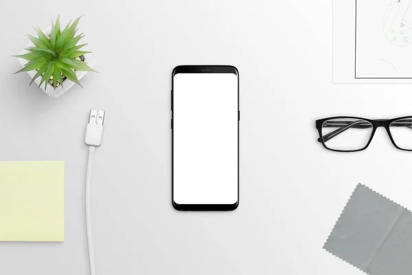 Moderna Smart Telefon Med Runda Kanter Vita Skrivbord Isolerade Skärm — Stockfoto