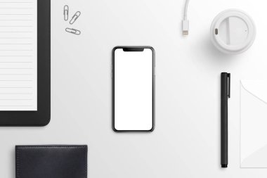 Smartphone ile workdesk üzerinde eğri göstermek. Mockup Isolaled ekran. Düz yatıyordu.