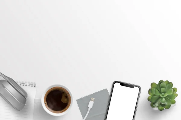 ヘッドフォン メモ帳 コーヒー 充電器 スマート フォンと工場オフィス デスク構成 テキスト用の空き容量 — ストック写真