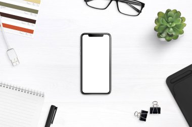 Modern smartphone mockup çevrili bir masa üzerine sağlar. Perde uygulaması veya web sitesi promosyon mockup için yuvarlak izole.