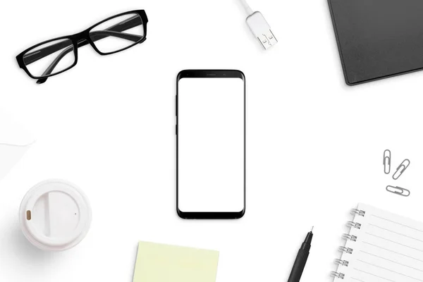 Smart Telefon Mockup Vita Skrivbord Omgiven Med Office Levererar Företag — Stockfoto