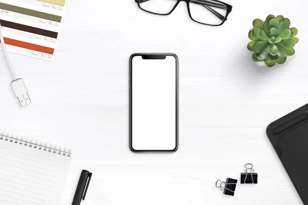 Mockup Smartphone Moderno Uma Mesa Cercada Por Suprimentos Tela Redonda — Fotografia de Stock