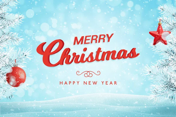 Merry Christmas greeting text with Christmas tree and decorations. Blue background with snowflakes, light and bokeh.