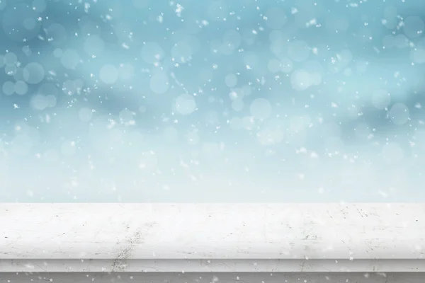 Obraz Tła Zima Biały Stół Płatki Śniegu Niebieskie Tło Światła — Zdjęcie stockowe