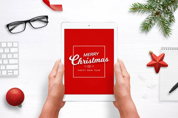 Feliz Natal Feliz Ano Novo Cartão Saudação Tablet Com Fundo — Fotografia de Stock