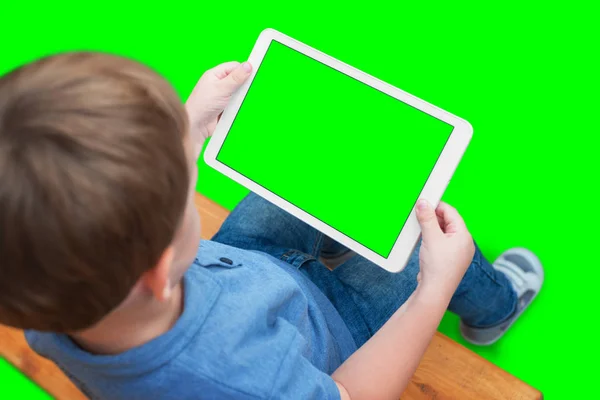Pojke Spela Spel Eller Titta Video Vit Tablett Isolerade Skärmen — Stockfoto