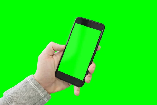 Современный Смартфон Мужской Рукой Крупный План Isolated Green — стоковое фото