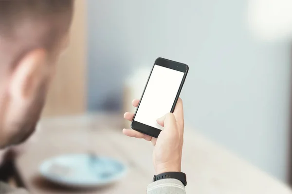 Mockup Bilde Moderne Smarttelefon Guttehånd Fremming Brukergrensesnittets Utforming – stockfoto