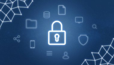 Şey, çevrimiçi hizmetler simgeleri İnternet ile çevrili asma kilit. Ağ, veri, gizlilik güvenlik kavramı.