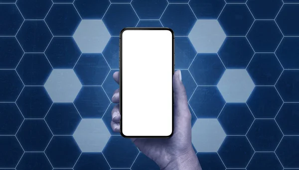 Образец Телефона Окруженный Шестиугольной Сетью Бесплатными Ячейками Технология Мобильной Сети — стоковое фото