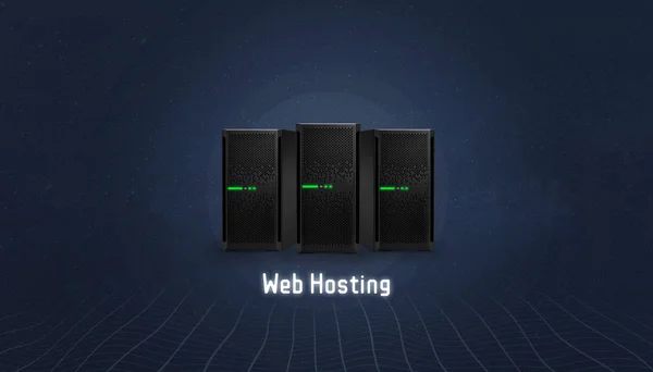 Web hosting concept with three servers and web hosting text below. Simple, flat, hero header image.