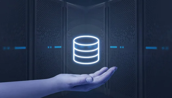 Hand Innehav Server Datacenter Ikonen Web Hosting Servrar Bakgrunden — Stockfoto