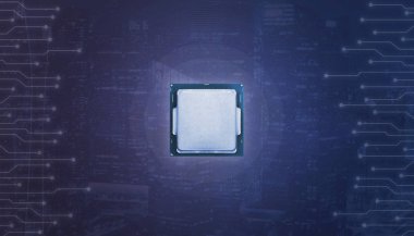 İşlemci Mikroelektronik devreler ile çevrili. Mavi arka plan ile ışık.
