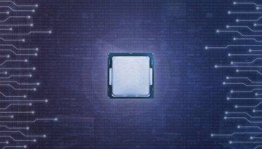 Mikroelektronik devreler ve ikili kod ile çevrili merkezi çip.