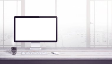 Modern bilgisayar Ekran metinlerinin boş alan çalışma masası üzerinde mockup için izole. Web sitesi tasarım promosyon konsepti.