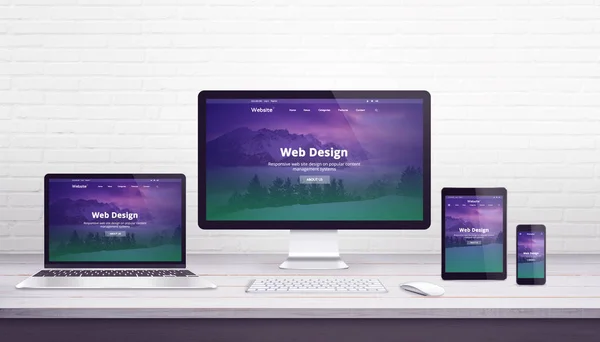 Web Design Studio Konzept Mit Flacher Designorientierter Website Auf Displaygeräten — Stockfoto
