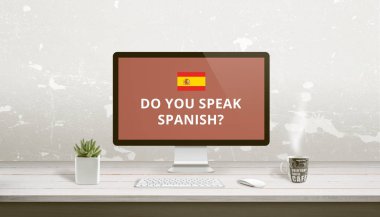 İspanyolca dil öğrenme online kavramı. Soru çalışma masası bilgisayar ekranda İspanyolca.