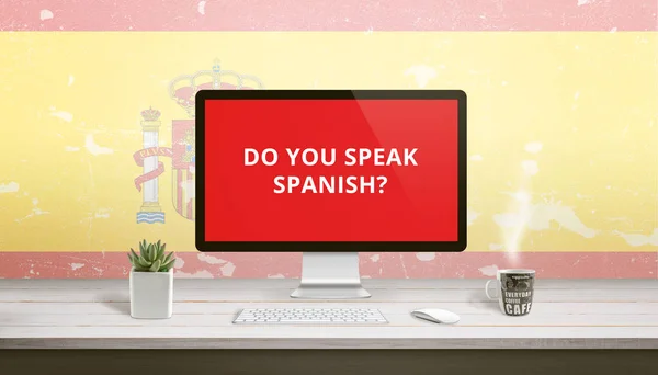 Do you speak Spanish on computer display with a flag of Spain in the background. Online lessons concept