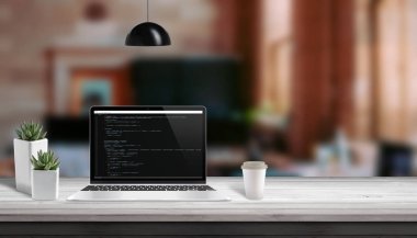 Web geliştirme stüdyosu konsepti. Laptop Vith script kod editörü. Yanındaki alanı Kopyala.